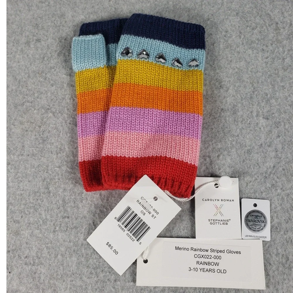 Carolyn Rowan Merino Rainbow Striped Gloves with Swarovski Crystals 3-10‎ Years